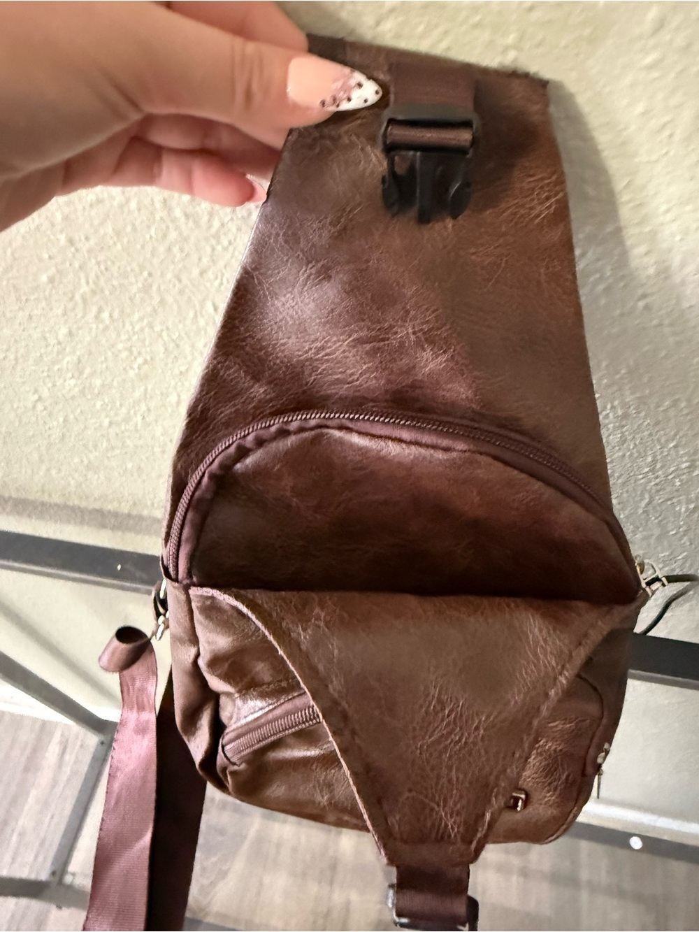 Brown Leather-Look Sling Backpack Crossbody Bag with USB Charging Port - Picture 5 of 7